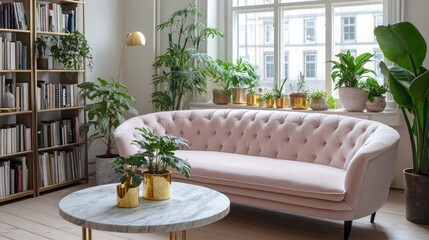 A chic living room with a pale pink velvet sofa
