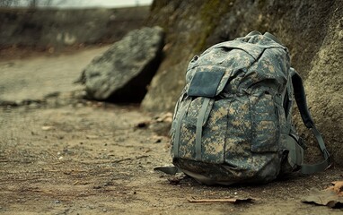 Fototapeta premium A military-style backpack rests on the ground near a rocky surface, suggesting outdoor or tactical use.
