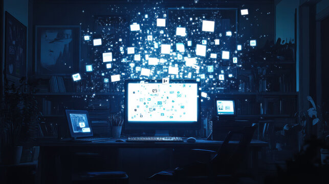 A modern workspace illuminated by digital images floating in the dark, showcasing technology and creativity during evening hours