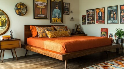 A chic retro-inspired bedroom with a walnut platform bed