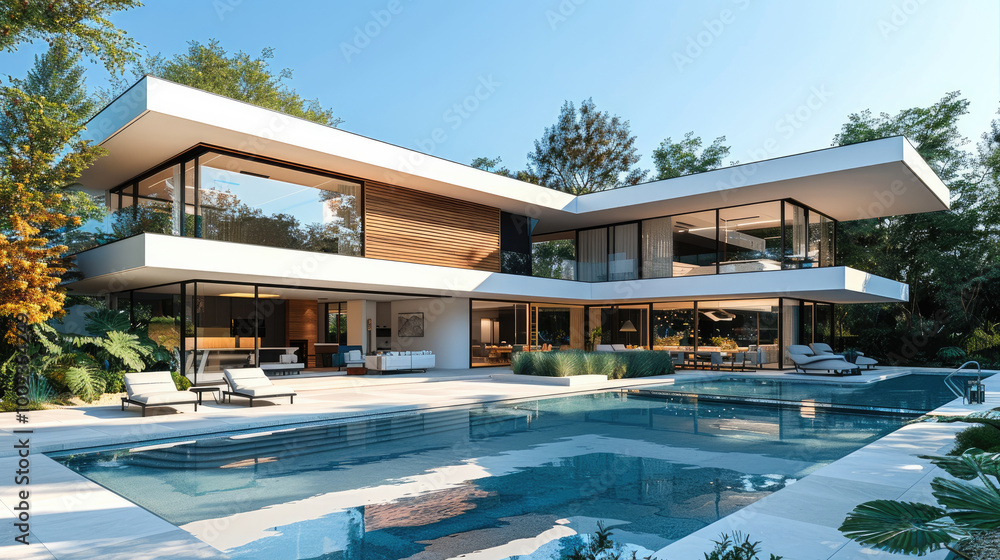 Aufkleber Modern house with pool. The structure is made from white concrete, steel frame construction. It has two wings connected by bridge that create an open space between them for outdoor activities.