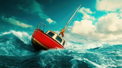 Obraz premium Determination in Adversity - A boat bravely sailing through turbulent and dangerous rough seas, defying powerful ocean currents -