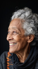 portrait of smiling gray-haired elderly woman on black background