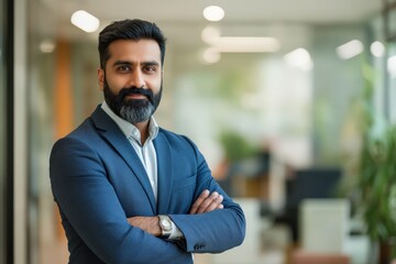 Obraz premium Indian Businessman Portrait. Confident Leader in Modern Office. Successful CEO Manager