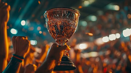 A victorious hand holds a sparkling trophy amidst a cheering crowd, celebrating a significant achievement in sports.