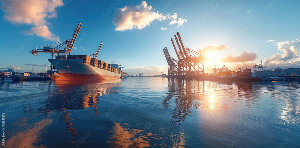 Poster a container ship is docked in a container port, industrial import-export port prepare to load contai