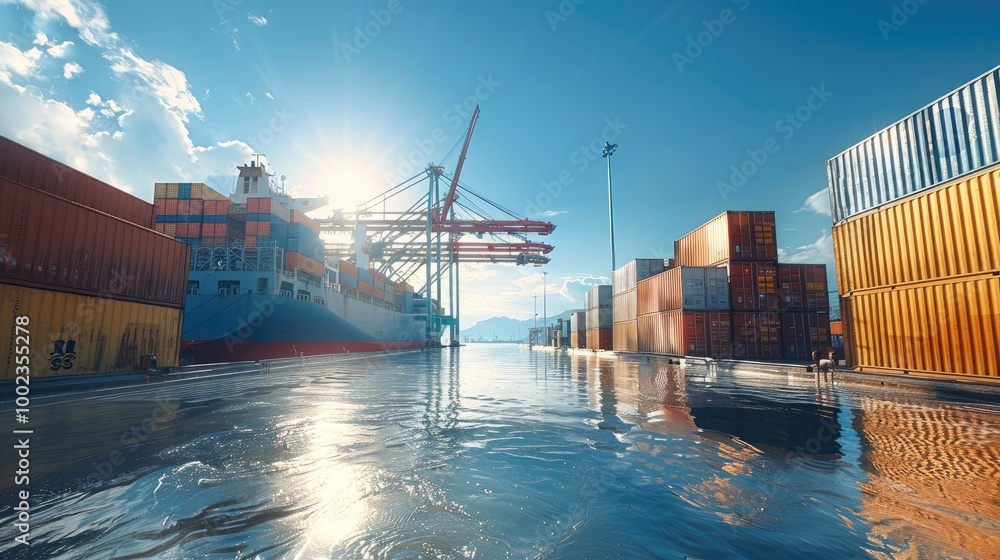 Poster a container ship is docked in a container port, industrial import-export port prepare to load contai