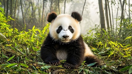 Obraz premium Panda in grassy field with tree background and fog