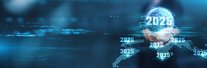 A businessman's  hand holding a globe representing the world, set against a futuristic digital backdrop with the year 2025. This image symbolizes global business, innovation.