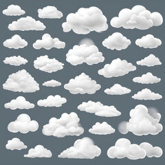 A collection of various fluffy cloud shapes on a dark background, offering a diverse range of cloud formations perfect for nature or weather-themed designs.