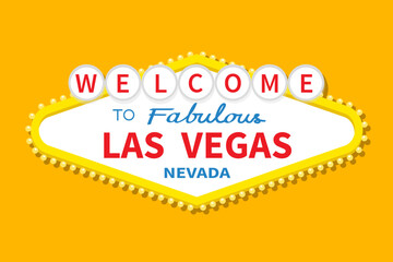 Welcome to fabulous Las Vegas sign icon. Nevada sight showplace. Classic retro symbol. Template for greeting card, banner, sticker print. Flat design. Isolated. Yellow background. Vector © worldofvector