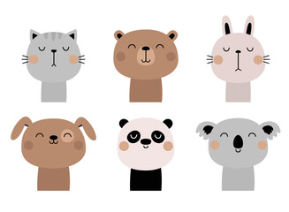 Cat, dog, grizzly bear, bunny rabbit, panda, koala set. Funny face head. Cute kawaii cartoon character. Valentines Day. Childish style. Sticker print. Greeting card White background Flat design Vector