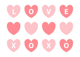 Four red pink heart icon set with text XOXO, LOVE. Happy Valentines Day greeting card, invitation, banner template. Love sticker. Hearts decoration. Romantic icon. Flat design. White background Vector