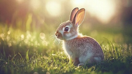 Fototapeta premium A rabbit is captured in the grass, facing the camera as the sun illuminates its rear