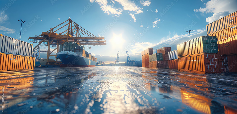 Poster a container ship is docked in a container port, industrial import-export port prepare to load contai