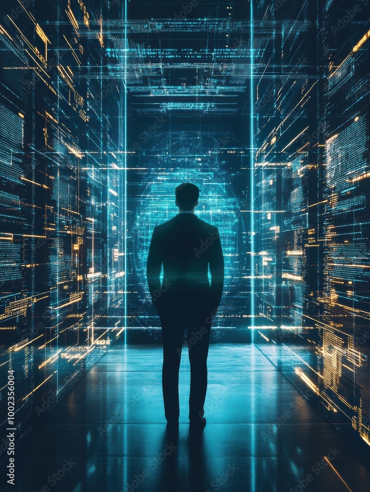 Poster cybersecurity expert navigating a virtual data space filled with glowing encrypted codes and firewal