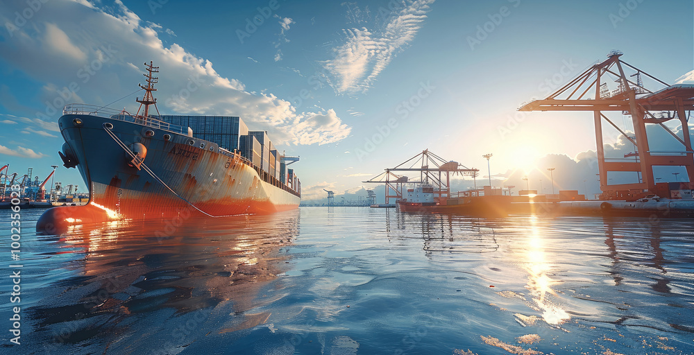 Poster a container ship is docked in a container port, industrial import-export port prepare to load contai
