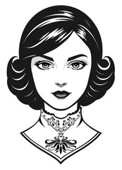 Edwardian era hair style chin length with curled hair tips. 1900s hairstyle and fashion. Intricate collar embroidery