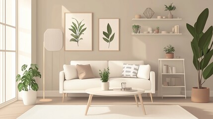 Obraz premium Cozy living room with modern decor, plants, and neutral tones, showcasing a welcoming atmosphere during the daytime