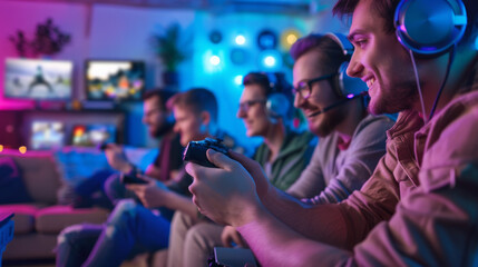 Friends enjoying an exciting gaming session together online in a cozy, colorful room at night