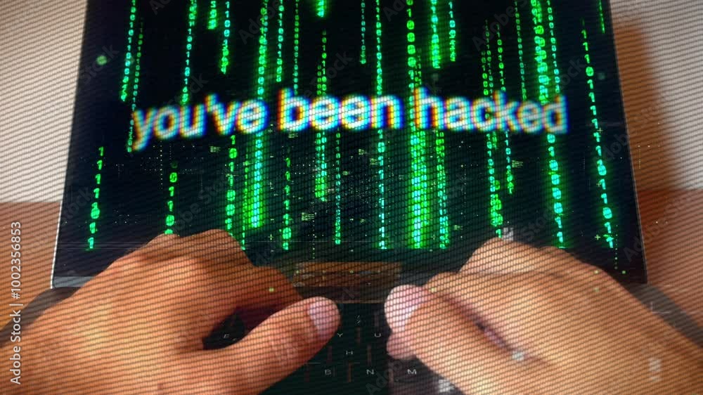 Poster hacker typing as 'you’ve been hacked' message displays on laptop