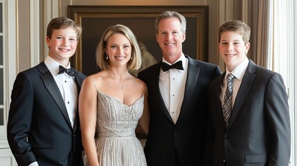 A formal family portrait featuring four individuals dressed elegantly for a special occasion.