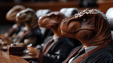 A group of dinosaurs in legal attire deliberating over a case in a modern courtroom, dinosaur jury, jurassic legal system