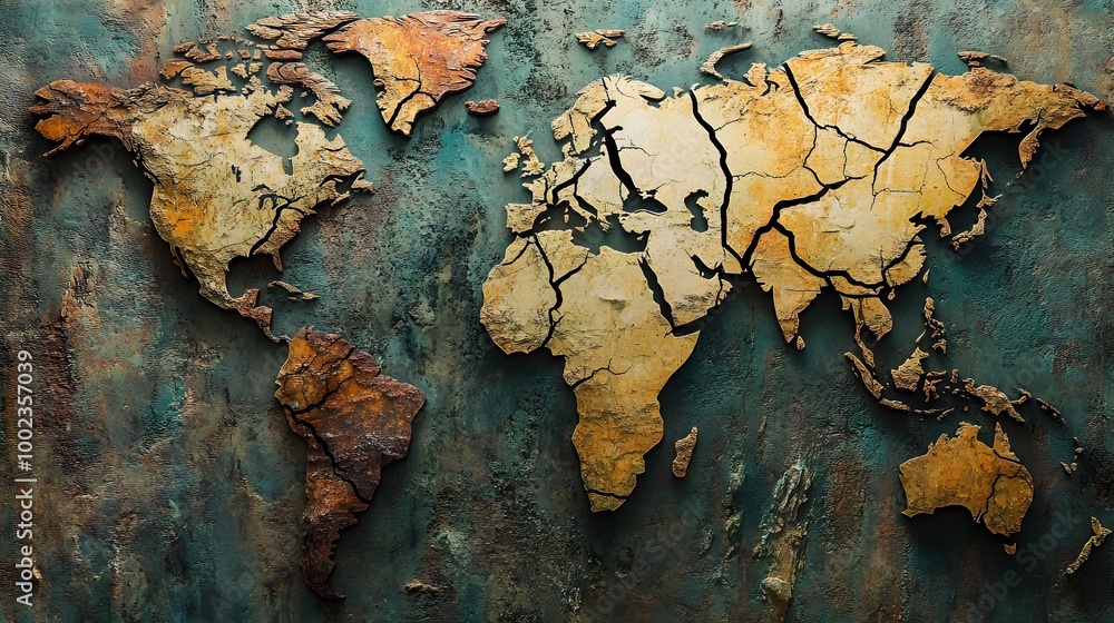 Poster an artistic depiction of a textured world map with cracks, showcasing a rusted and weathered appeara