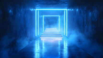 Obraz premium Blue Neon Lights in a Foggy Corridor 3D Illustration