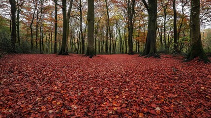 Obraz premium Red-leaf-strewn forest path with tree background