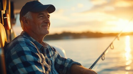 Obraz premium Senior man fishing from the edge of a boat, enjoying a peaceful day on the water surrounded by nature