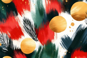 A vibrant abstract design featuring bold red, green, and gold strokes, reminiscent of festive holiday themes and natural elements.