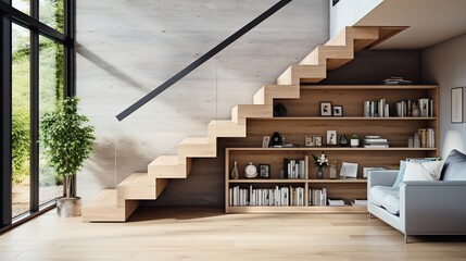 Modern interior showcasing a wooden staircase with built-in shelving in a contemporary living space