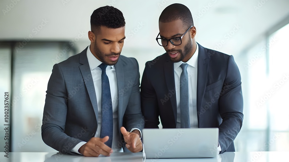 Poster two business professionals collaborating and analyzing data on a laptop in a modern office setting.