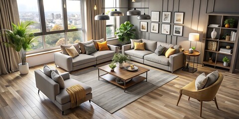 Fototapeta premium Modern living spaces blend elegant grey-beige interiors with stylish furniture and cozy accents, creating a