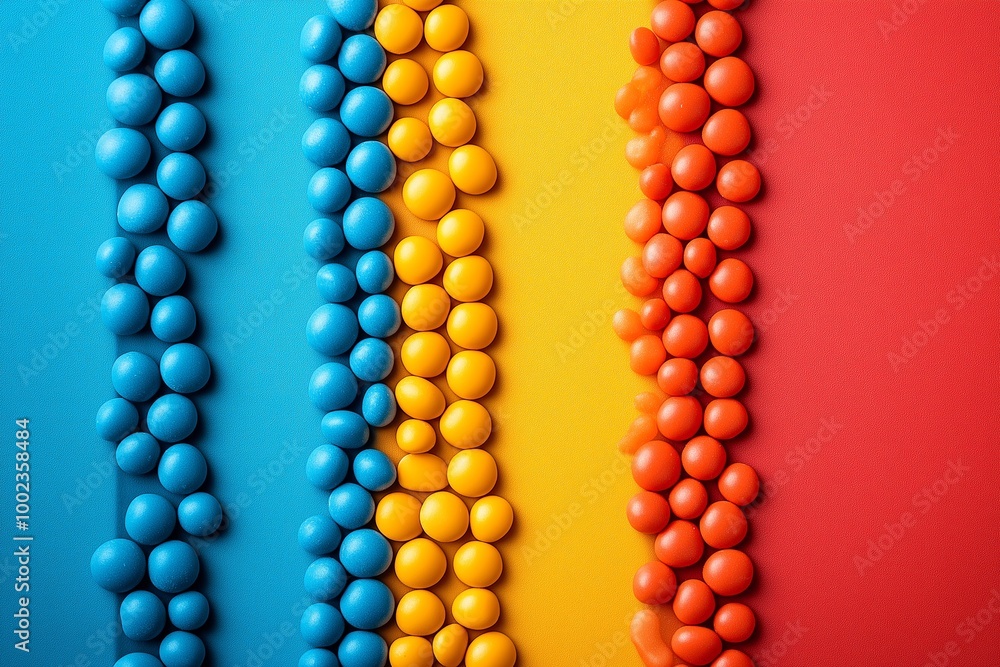 Poster row of colorful candies in a row. the candies are blue, yellow, and red. product design were a snack