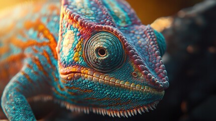 Fototapeta premium A close-up of a colorful chameleon's face with the sun shining in the background is an excellent image