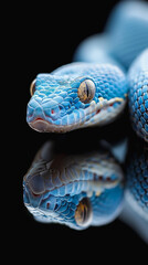 close up of blue snake on black background looking at camera