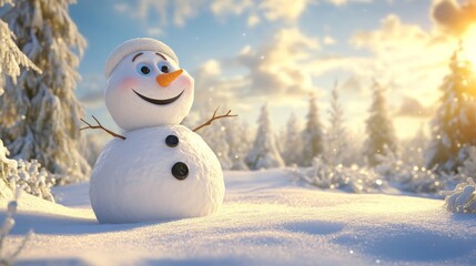 Charming 3D Snowman in a Winter Wonderland, featuring a joyful expression, coal eyes, carrot nose, surrounded by a serene snowy landscape, perfect for festive themes