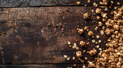 Clusters of granola scattered on a rustic wooden surface, capturing the essence of wholesome snacking