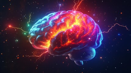 Naklejka premium A Vibrant, Glowing Brain Emitting Colorful Energy Bursts in a Dark, Cosmic Background