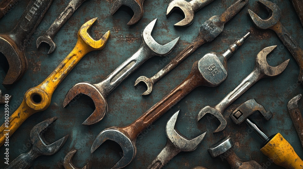 Poster collection of old wrenches and tools on a rusty surface