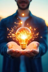 Hands holding glowing light bulb, bright idea