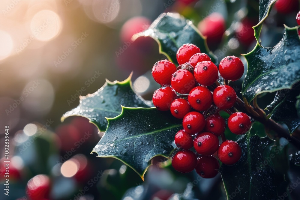 Wall mural Close-up of Red Berries and Spiky Green Leaves of a Holly Bush