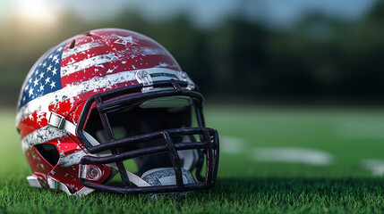 American football field stadium lights helmet and ball touchdown background