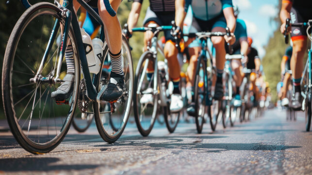 Cyclists participating in a charity ride on a sunny day down city streets promoting community health and fundraising efforts
