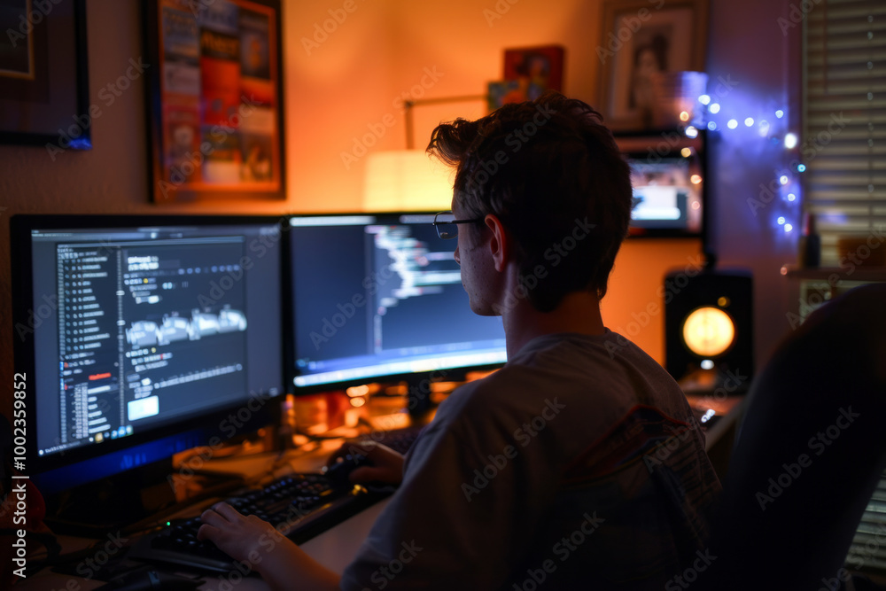 Poster late-night coding session in a cozy room illuminated by computer screens and ambient lights