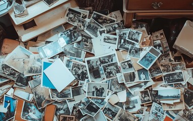 A chaotic assortment of old photographs scattered across a surface, reflecting memories and history.
