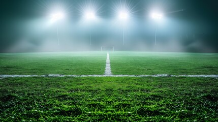 Obraz premium A Bright, Foggy Night on a Well-Maintained Football Field With Illuminated Goalposts and Fresh Turf