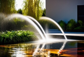 Fototapeta premium dynamic colorful water jets erupting from contemporary water feature lively outdoor space, vibrant, modern, fountain, splash, motion, scenery, attraction